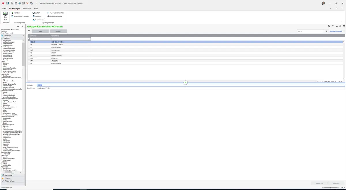 Sage 100 9.0.5.11 Gruppenkennzeichen Adressen: Register Standard