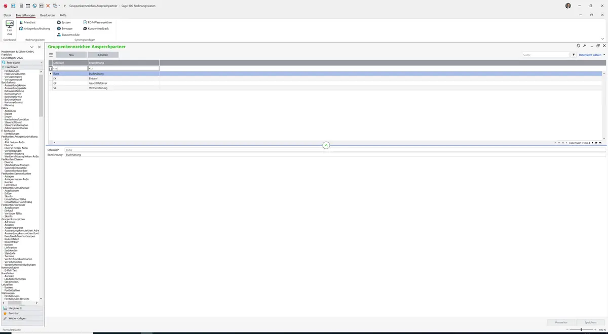 Sage 100 9.0.5.11 Gruppenkennzeichen Ansprechpartner: Datensatz geladen