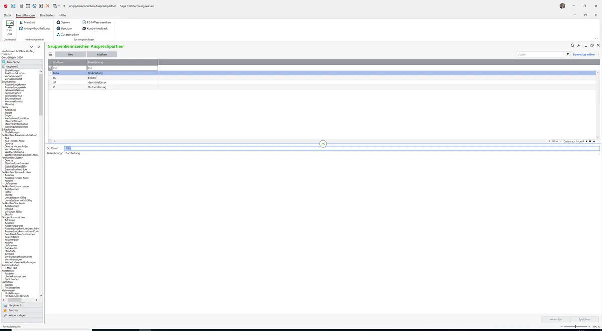 Sage 100 9.0.5.11 Gruppenkennzeichen Ansprechpartner: Register Standard