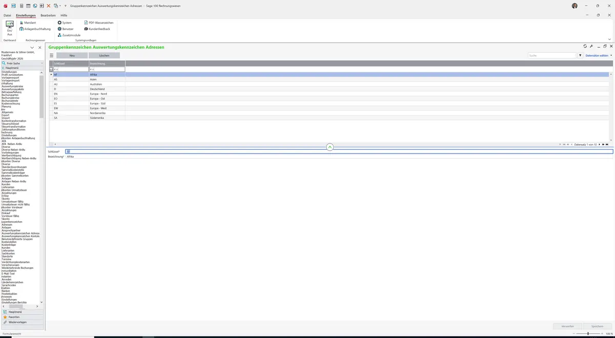 Sage 100 9.0.5.11 Gruppenkennzeichen Auswertungskennzeichen Adressen: Register Standard