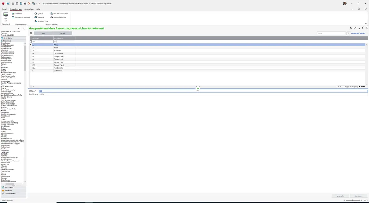 Sage 100 9.0.5.11 Gruppenkennzeichen Auswertungskennzeichen Kontokorrent: Register Standard