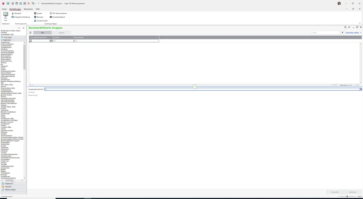 Sage 100 9.0.5.11 Benutzerdefinierte Gruppen: Register Standard