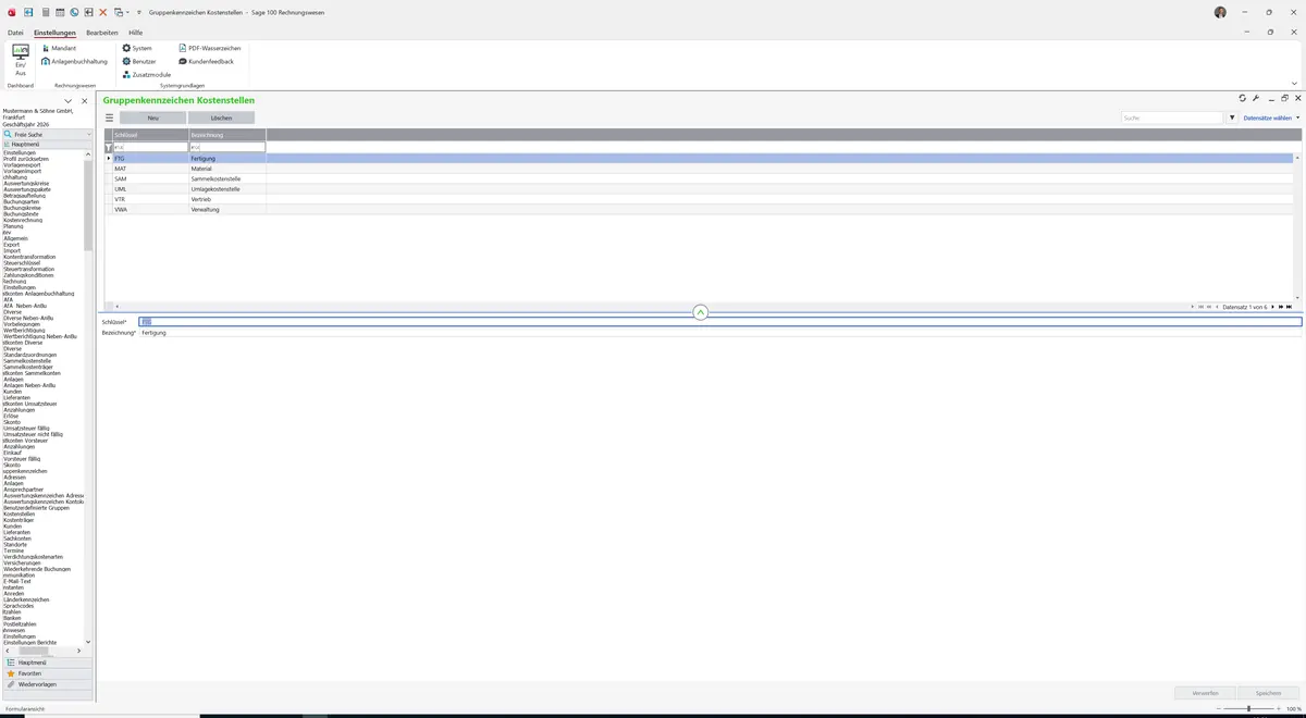 Sage 100 9.0.5.11 Gruppenkennzeichen Kostenstellen: Register Standard