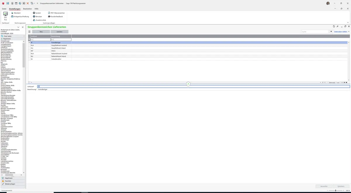Sage 100 9.0.5.11 Gruppenkennzeichen Lieferanten: Register Standard