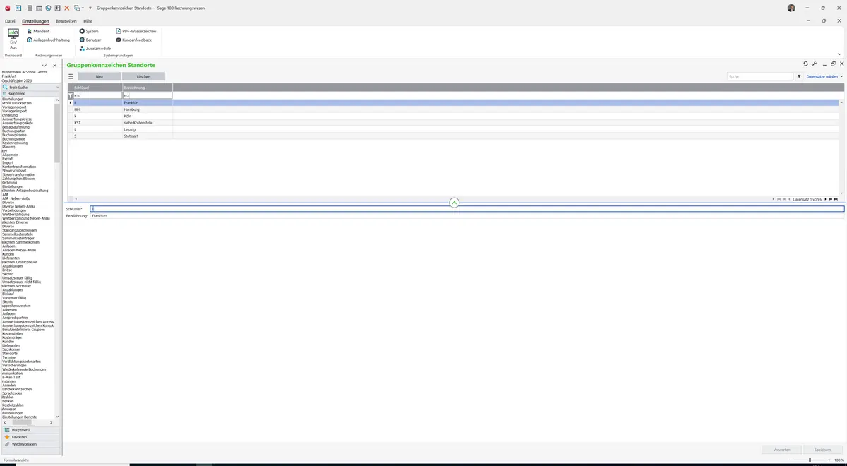 Sage 100 9.0.5.11 Gruppenkennzeichen Standorte: Register Standard