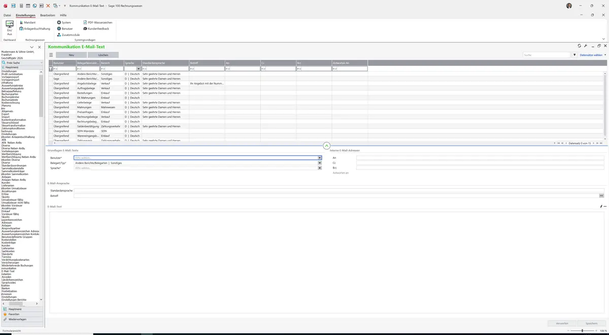 Sage 100 9.0.5.11 Kommunikation E-Mail-Text: Maske Kommunikation E-Mail-Text