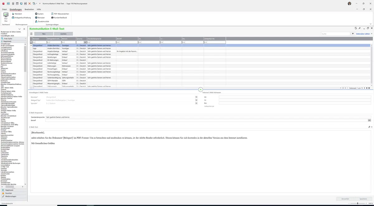 Sage 100 9.0.5.11 Kommunikation E-Mail-Text: Datensatz geladen