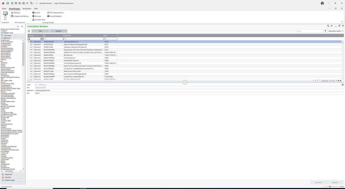 Sage 100 9.0.5.11 Leitzahlen Banken: Datensatz geladen