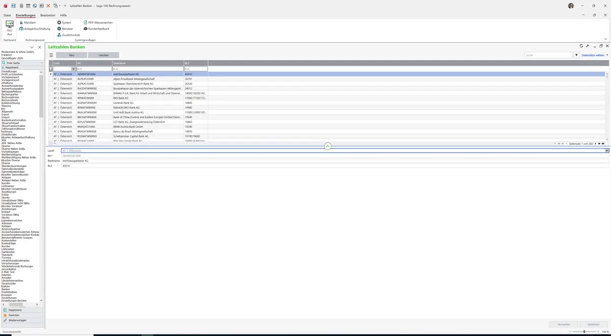 Sage 100 9.0.5.11 Leitzahlen Banken: Register Standard