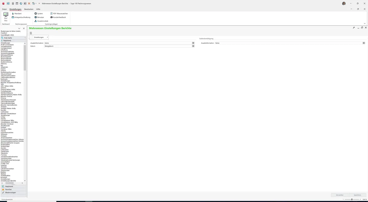 Sage 100 9.0.5.11 Mahnwesen Einstellungen Berichte: Datenklassenmenü