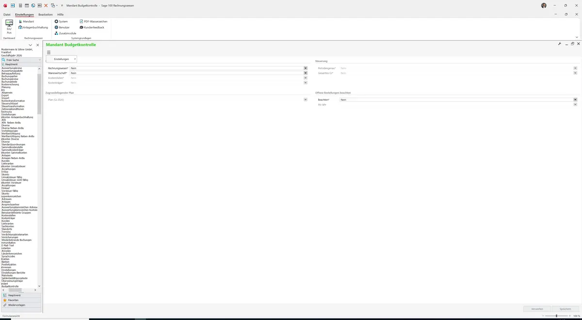 Sage 100 9.0.5.11 Mandant Budgetkontrolle: Datenklassenmenü