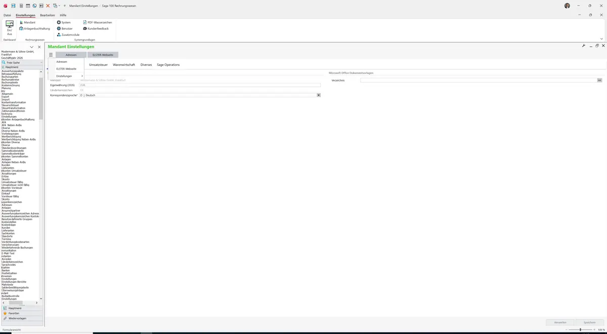 Sage 100 9.0.5.11 Mandant Einstellungen: Datenklassenmenü