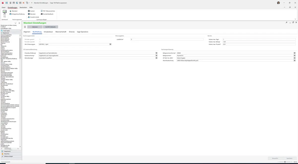 Sage 100 9.0.5.11 Mandant Einstellungen: Register Buchhaltung