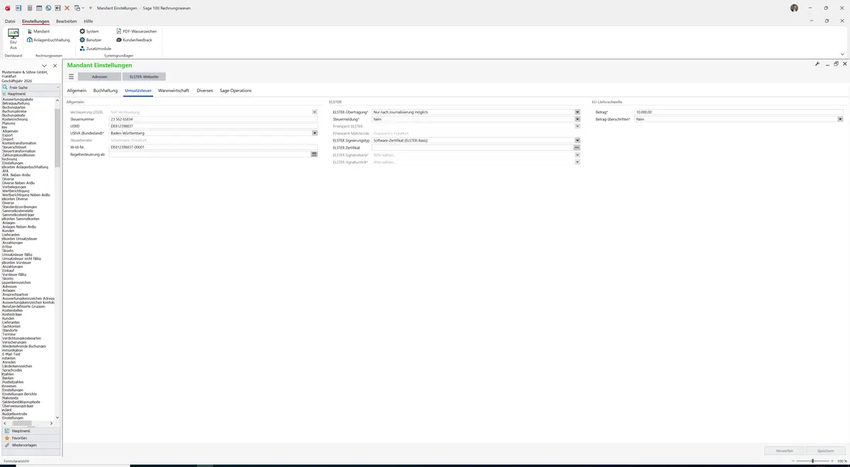 Sage 100 9.0.5.11 Mandant Einstellungen: Register Umsatzsteuer