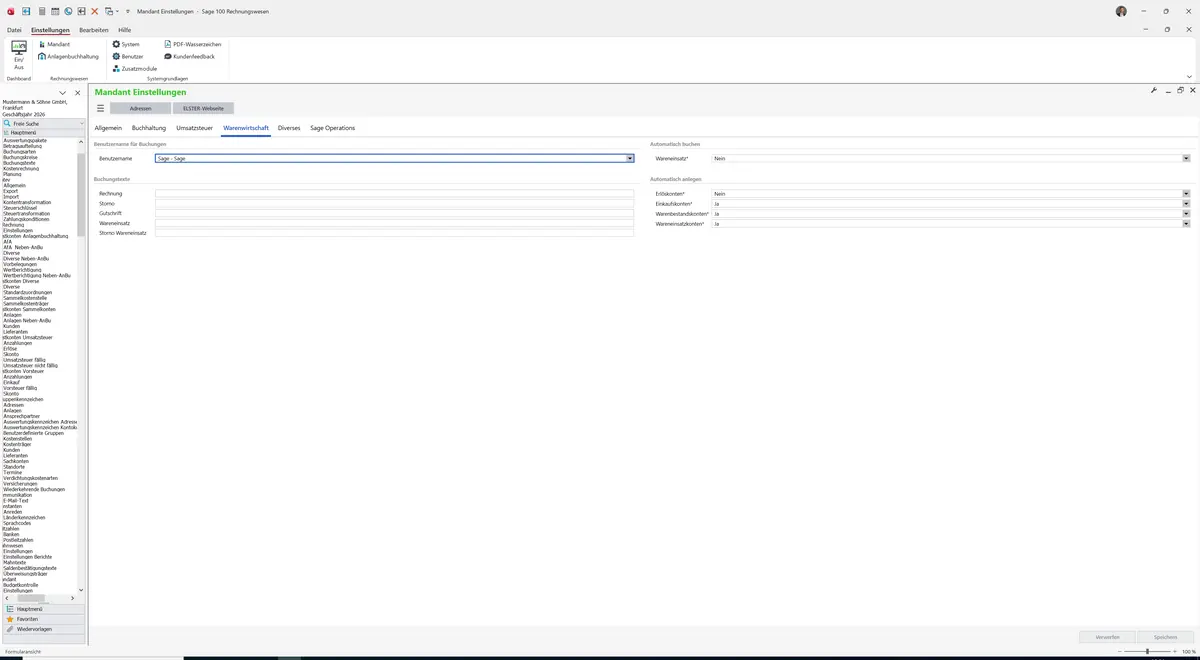 Sage 100 9.0.5.11 Mandant Einstellungen: Register Warenwirtschaft