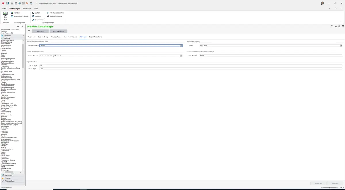 Sage 100 9.0.5.11 Mandant Einstellungen: Register Diverses
