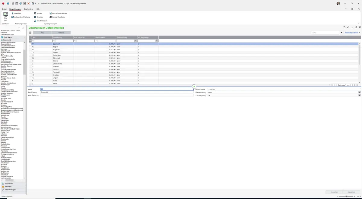 Sage 100 9.0.5.11 Umsatzsteuer Lieferschwellen: Register Standard