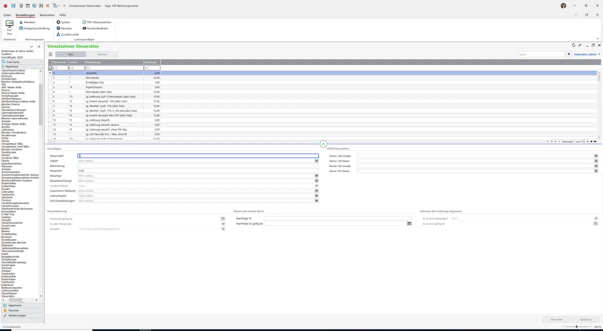 Sage 100 9.0.5.11 Umsatzsteuer Steuersätze: Register Standard