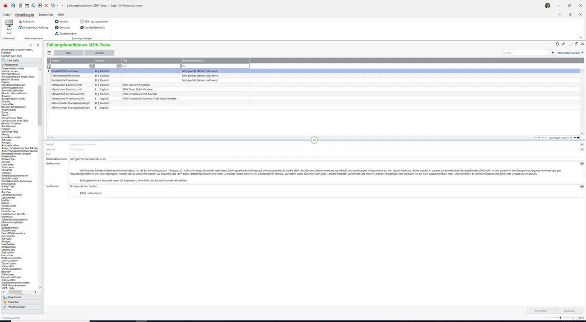 Sage 100 9.0.5.11 Zahlungskonditionen SEPA-Texte: Datensatz geladen