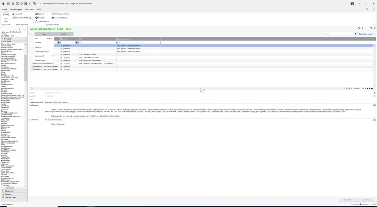 Sage 100 9.0.5.11 Zahlungskonditionen SEPA-Texte: Datenklassenmenü