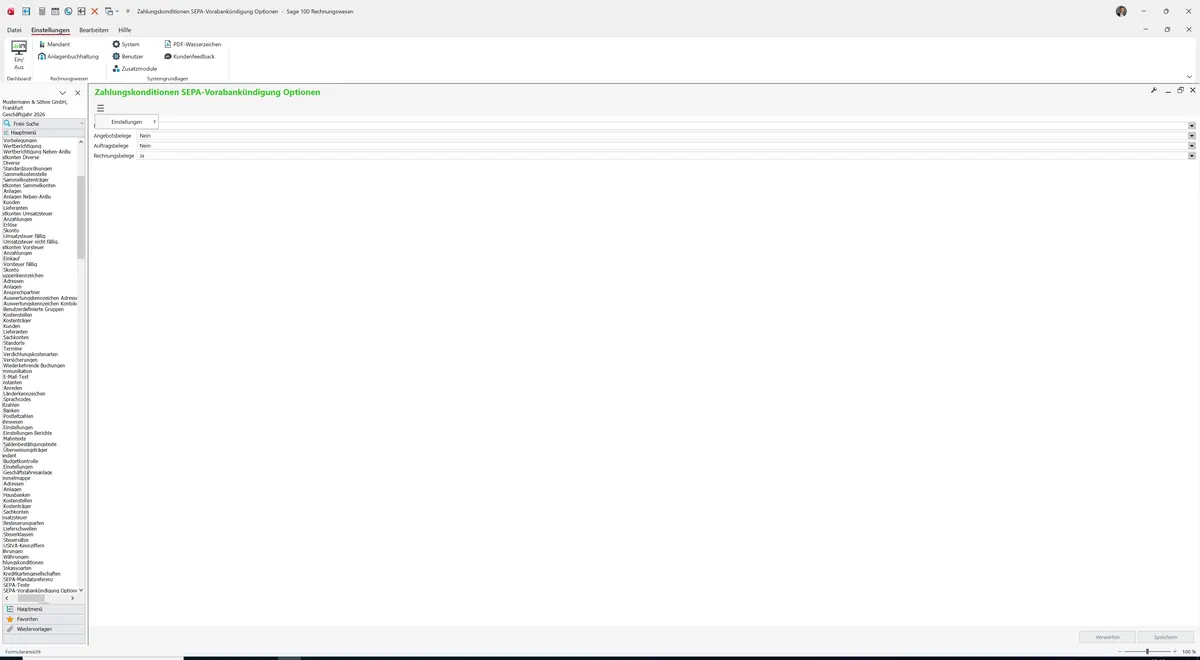 Sage 100 9.0.5.11 Zahlungskonditionen SEPA-Vorabankündigung Optionen: Datenklassenmenü