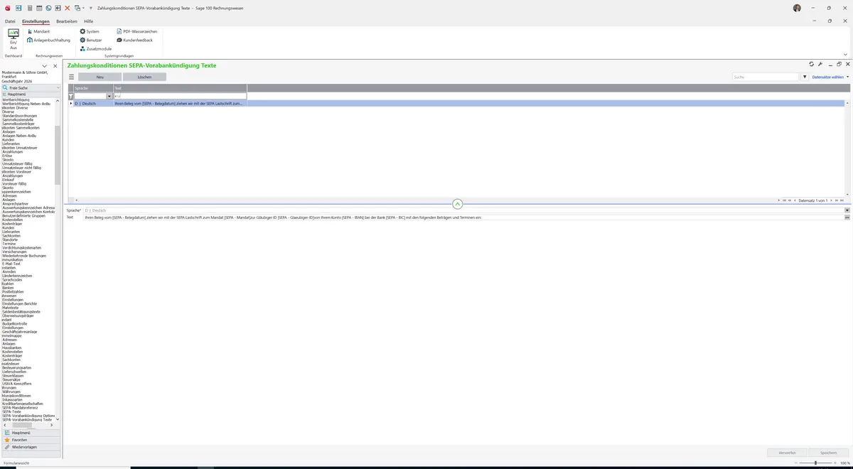 Sage 100 9.0.5.11 Zahlungskonditionen SEPA-Vorabankündigung Texte: Datensatz geladen
