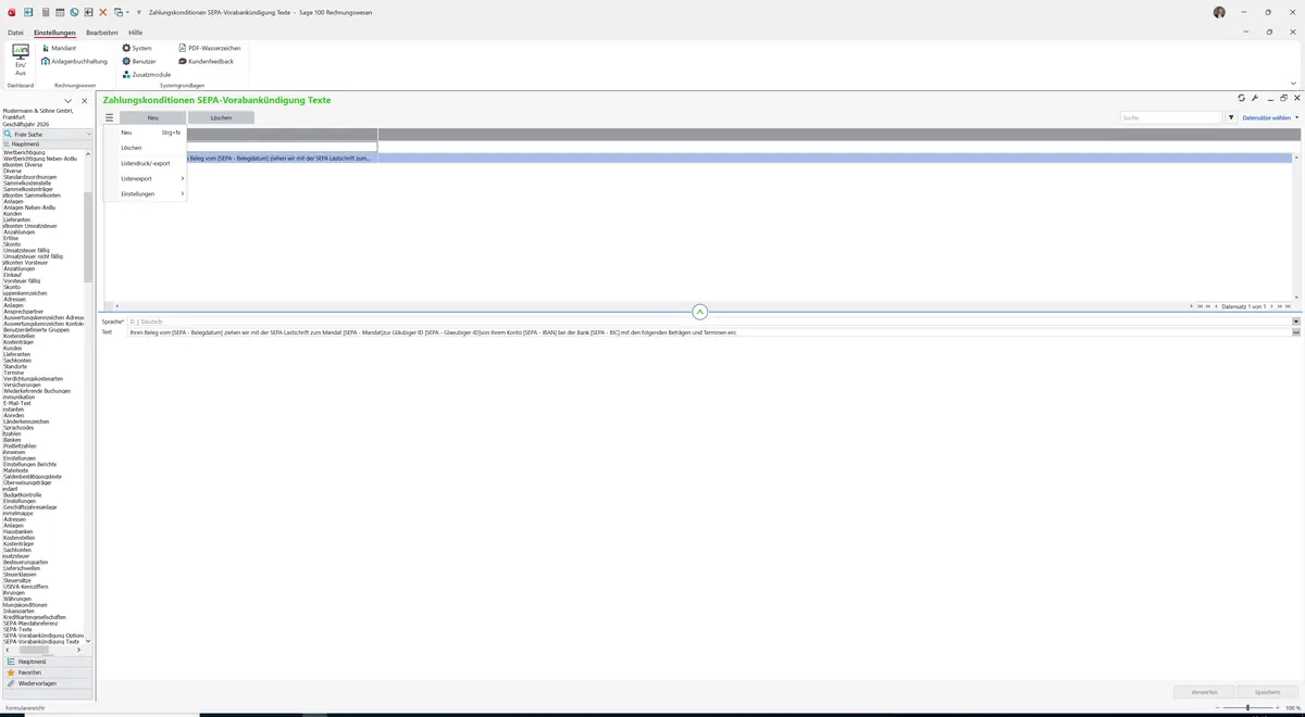 Sage 100 9.0.5.11 Zahlungskonditionen SEPA-Vorabankündigung Texte: Datenklassenmenü