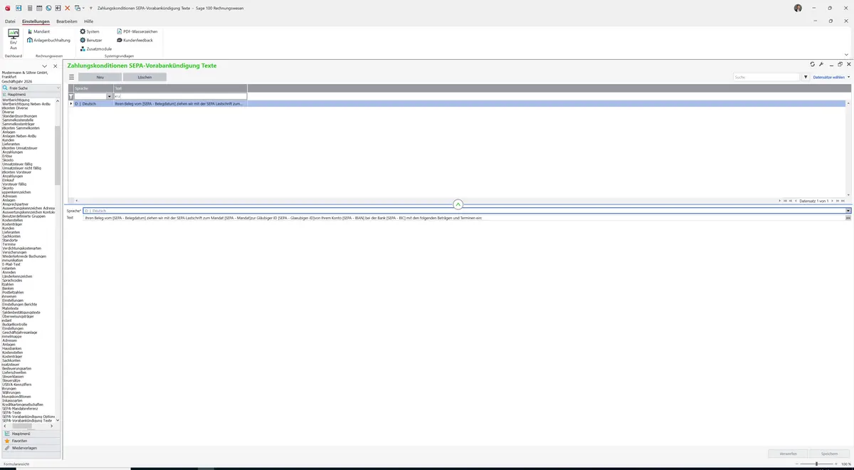 Sage 100 9.0.5.11 Zahlungskonditionen SEPA-Vorabankündigung Texte: Register Standard