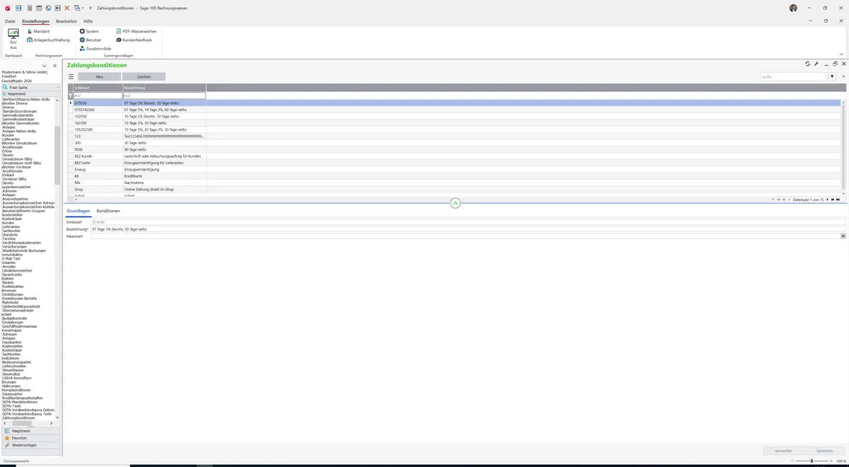 Sage 100 9.0.5.11 Zahlungskonditionen: Datensatz geladen