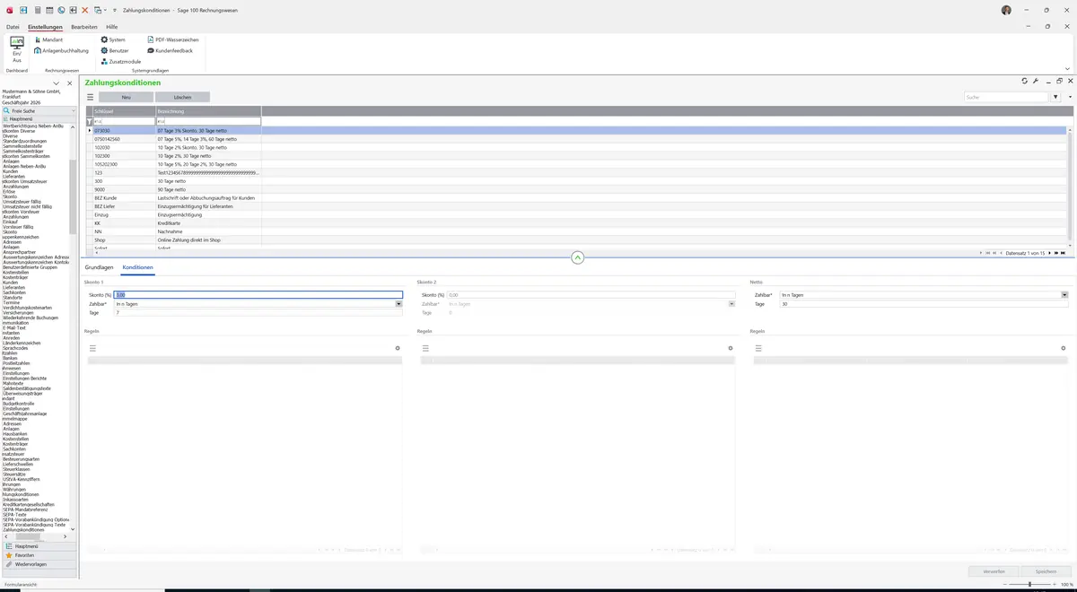 Sage 100 9.0.5.11 Zahlungskonditionen: Register Konditionen