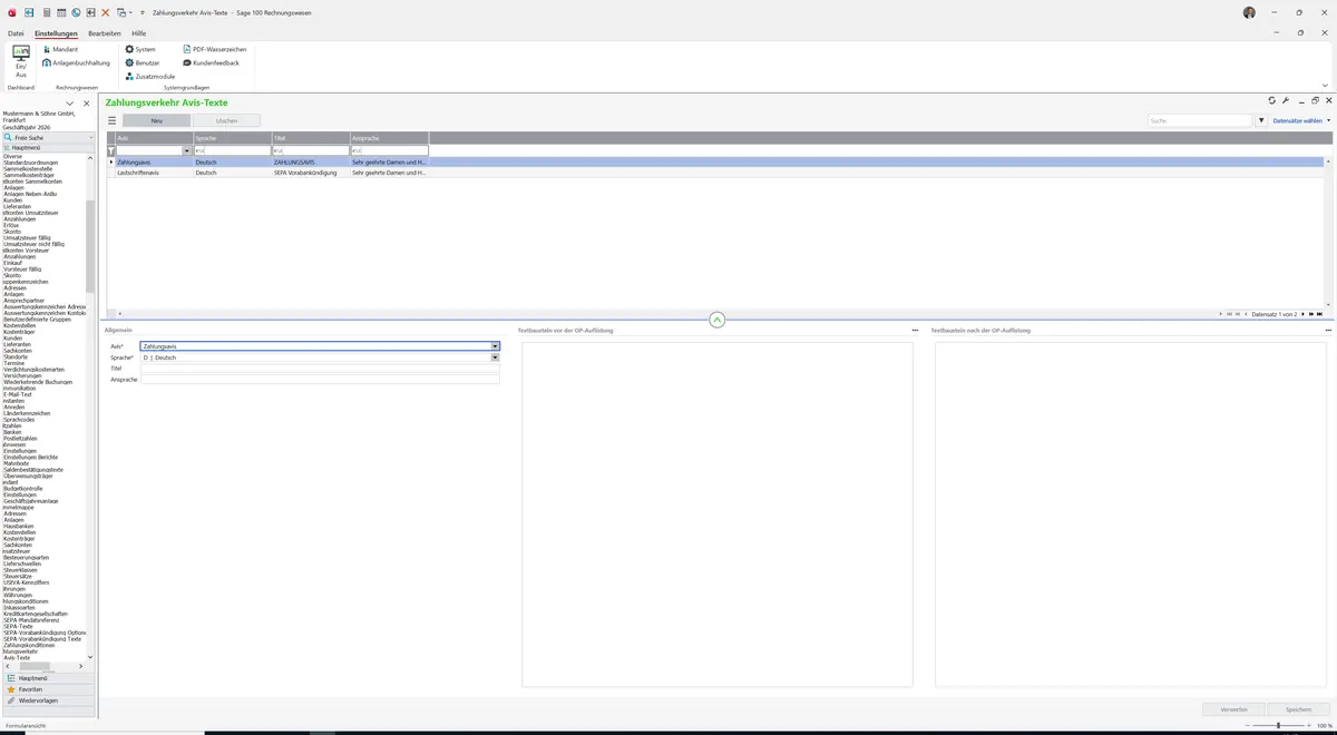 Sage 100 9.0.5.11 Zahlungsverkehr Avis-Texte: Register Grundlagen