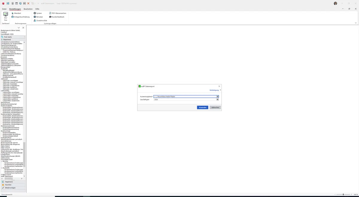Sage 100 9.0.5.11 euBP Datenexport: Maske euBP Datenexport
