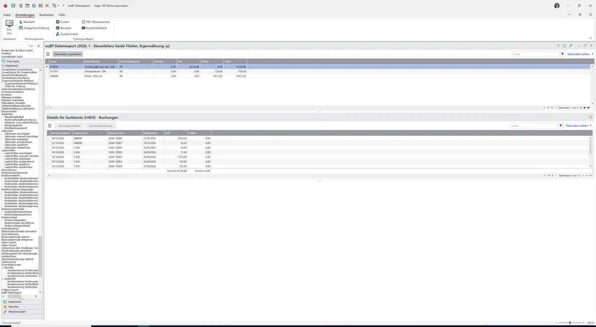 Sage 100 9.0.5.11 euBP Datenexport: Auskunft euBP Datenexport