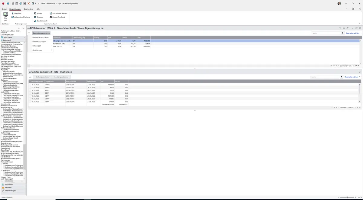 Sage 100 9.0.5.11 euBP Datenexport: Datenklassenmenü