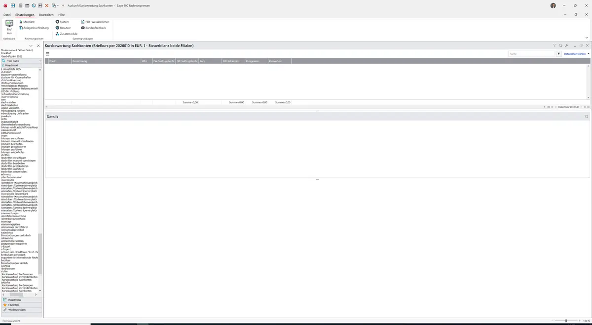 Sage 100 9.0.5.11 Auskunft Kursbewertung Sachkonten: Leere Auskunft Sachkonten