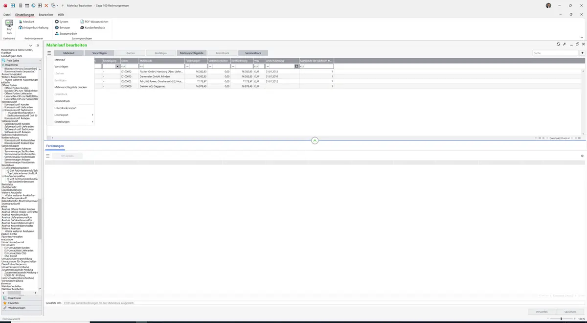 Sage 100 9.0.5.11 Mahnlauf bearbeiten: Datenklassenmenü