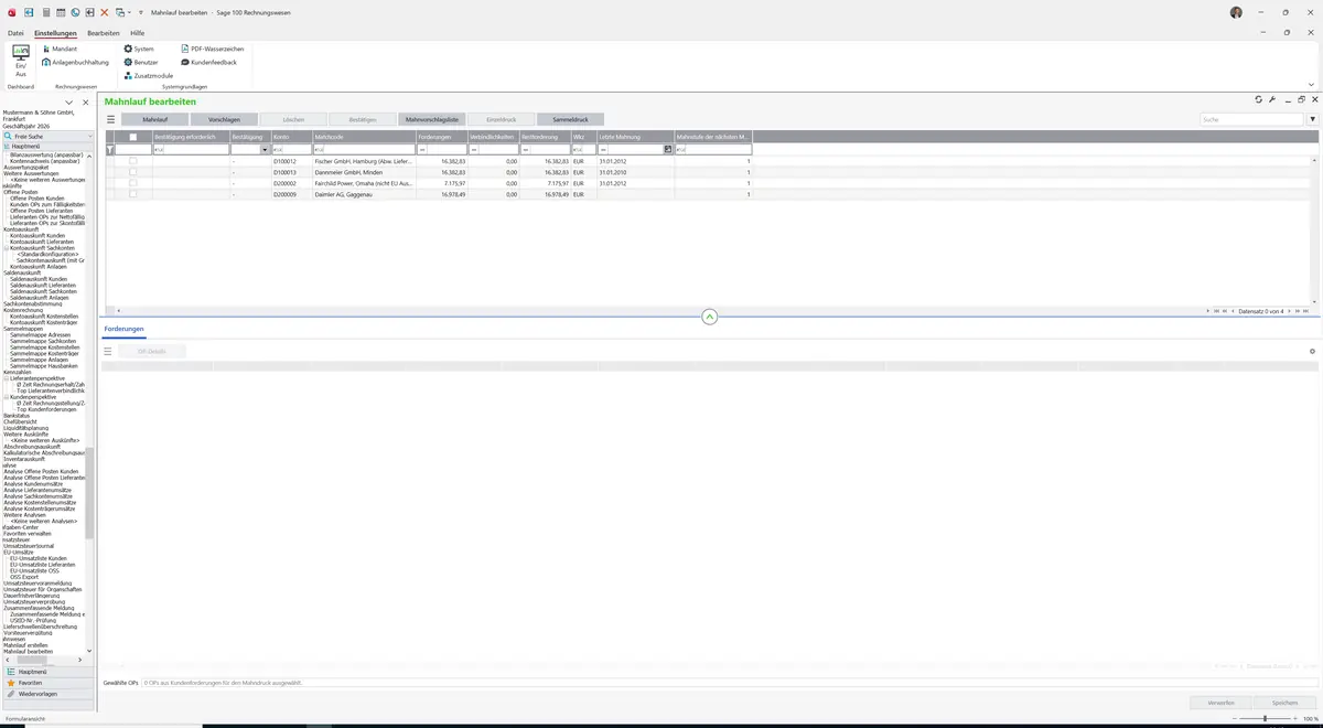 Sage 100 9.0.5.11 Mahnlauf bearbeiten: Register Forderungen