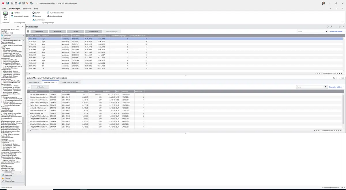 Sage 100 9.0.5.11 Mahnstapel verwalten: Register Offene Posten