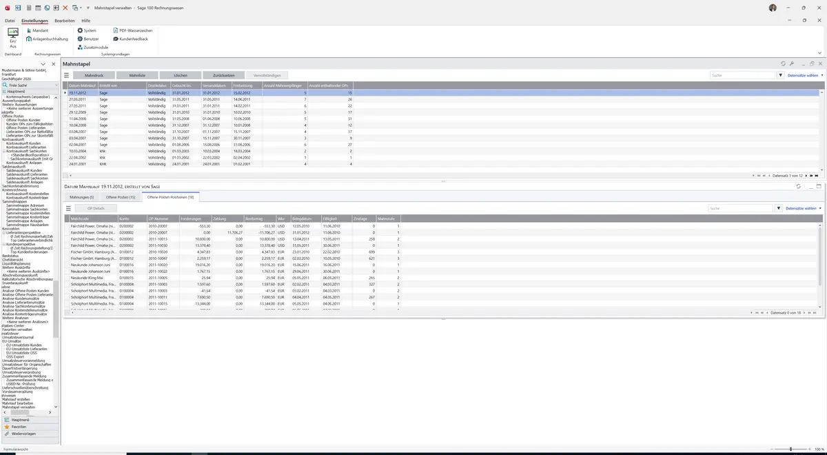 Sage 100 9.0.5.11 Mahnstapel verwalten: Register Offene Posten Positionen