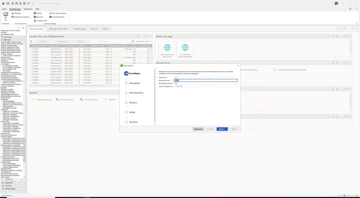 Sage 100 9.0.5.11 Datev-Export: Maske Datev-Export