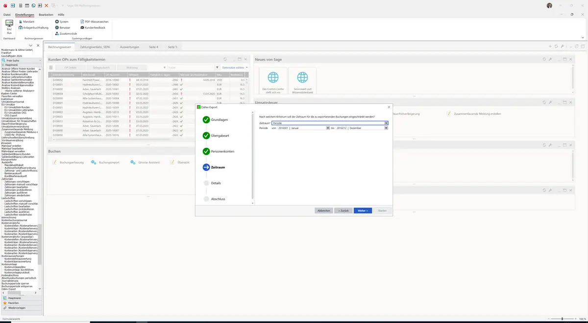 Sage 100 9.0.5.11 Datev-Export: Assistent: Schritt Zeitraum