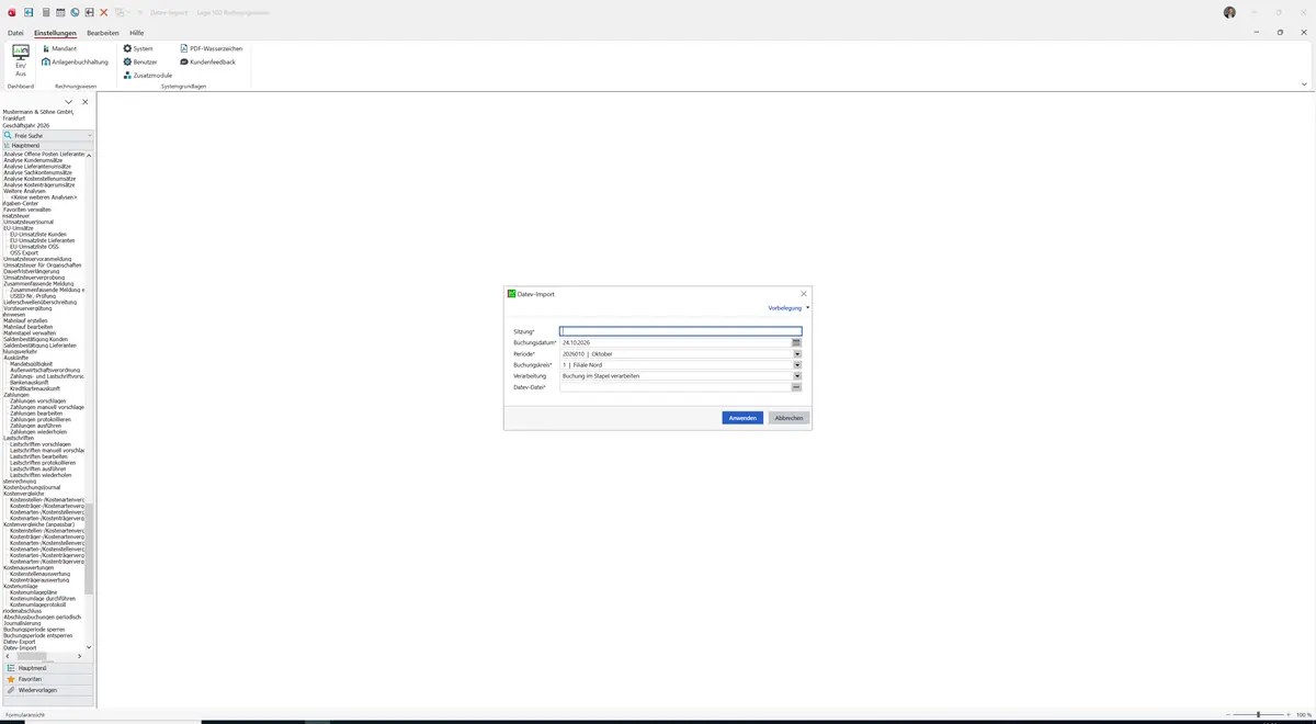 Sage 100 9.0.5.11 Datev-Import: Maske Datev-Import