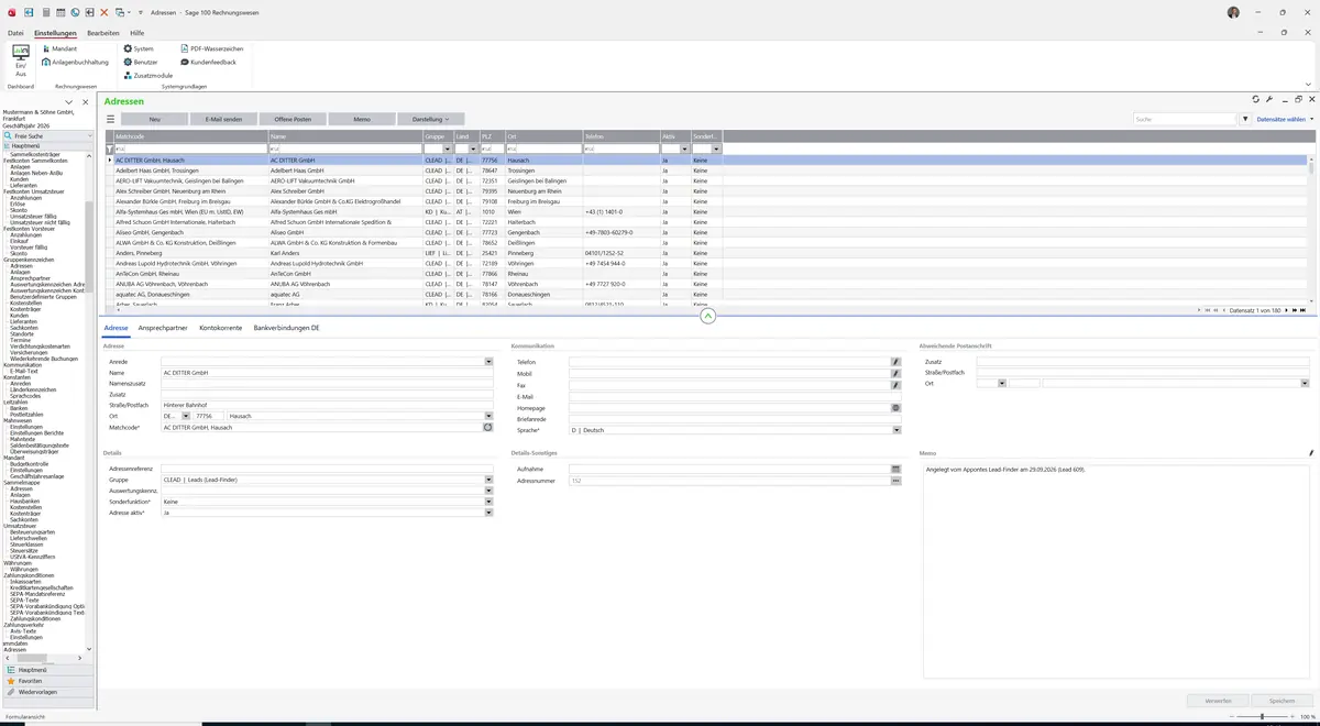 Sage 100 9.0.5.11 Adressen: Datensatz geladen