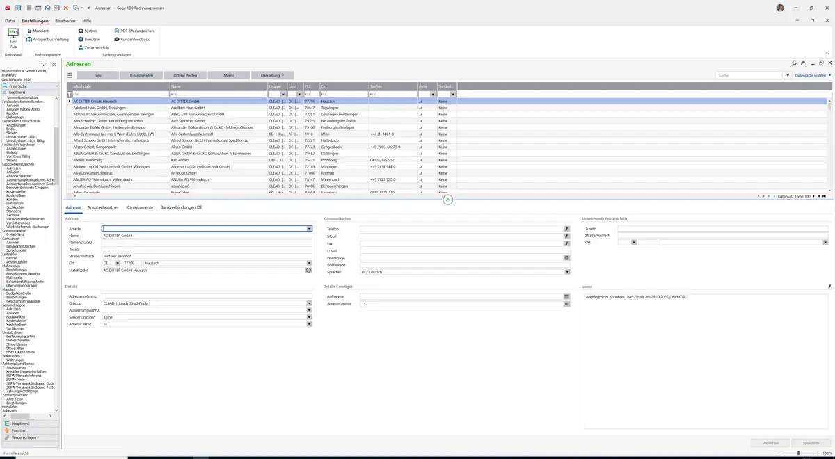 Sage 100 9.0.5.11 Adressen: Register Adresse