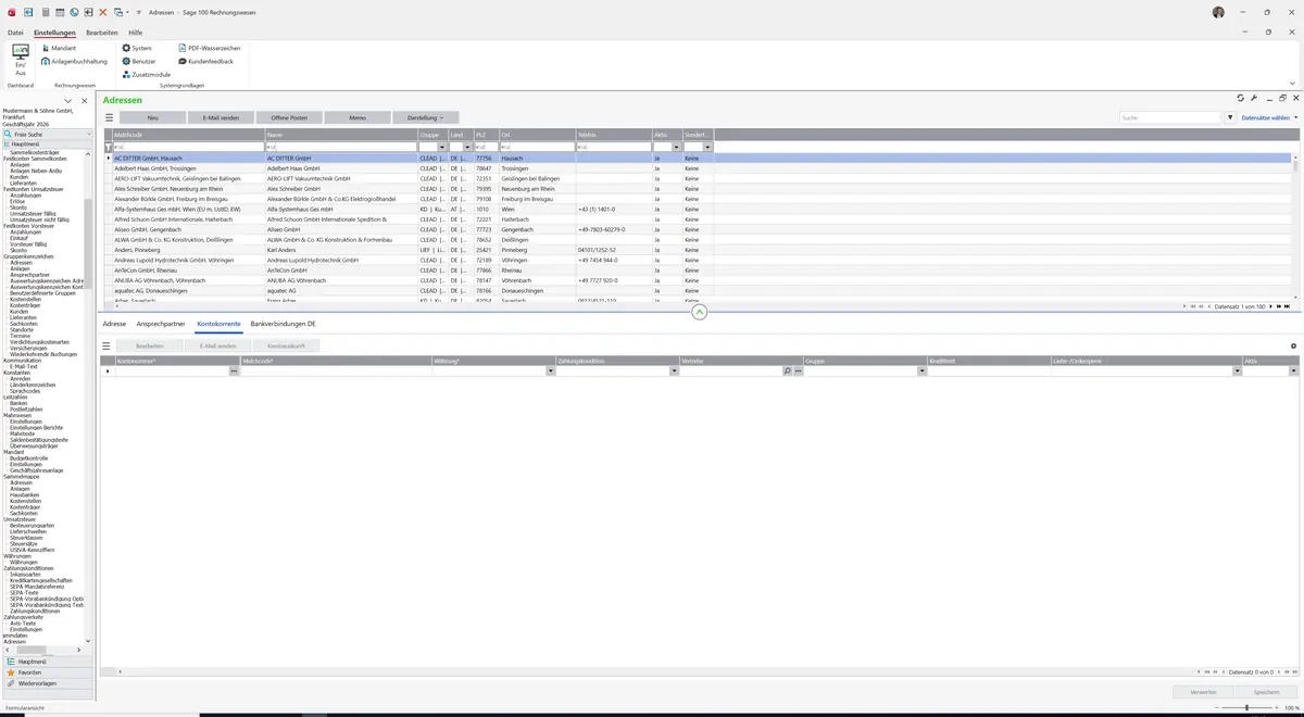Sage 100 9.0.5.11 Adressen: Register Kontokorrente
