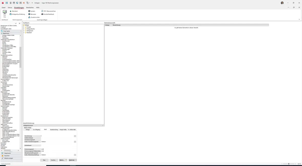 Sage 100 9.0.5.11 Anlagen: Register Wert