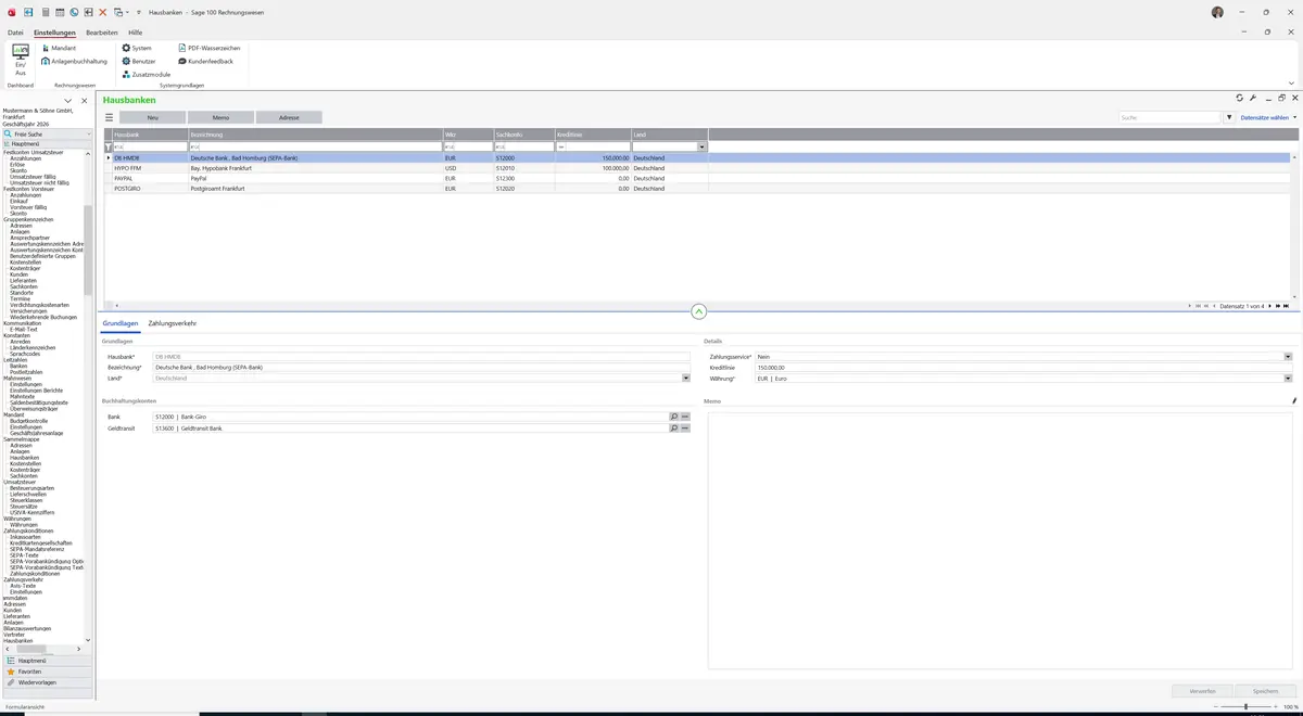 Sage 100 9.0.5.11 Hausbanken: Datensatz geladen