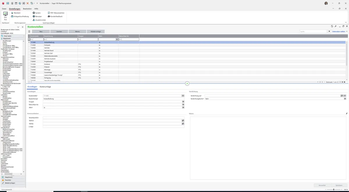 Sage 100 9.0.5.11 Kostenstellen: Datensatz geladen