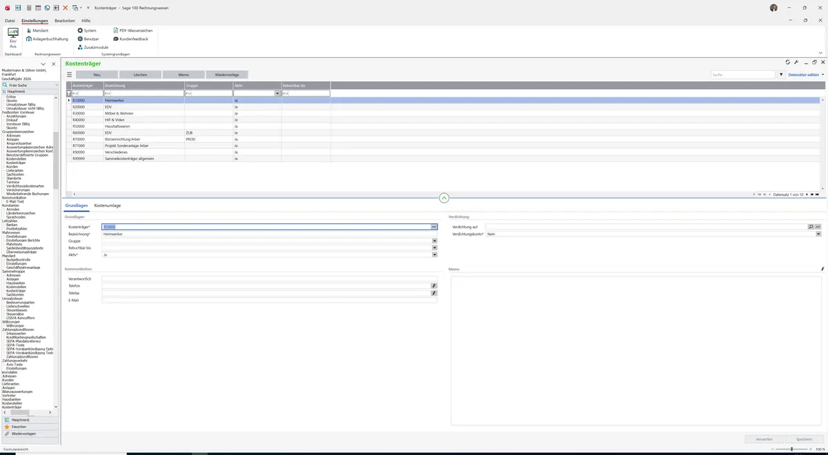 Sage 100 9.0.5.11 Kostenträger: Register Grundlagen