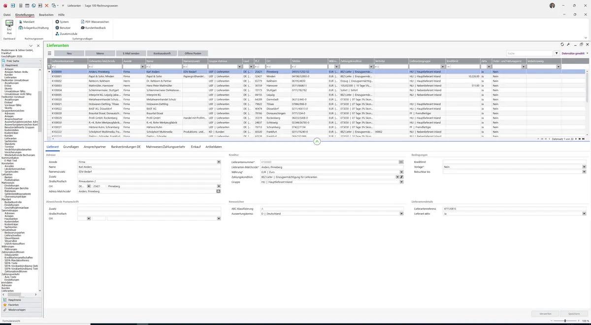Sage 100 9.0.5.11 Lieferanten: Datensatz geladen